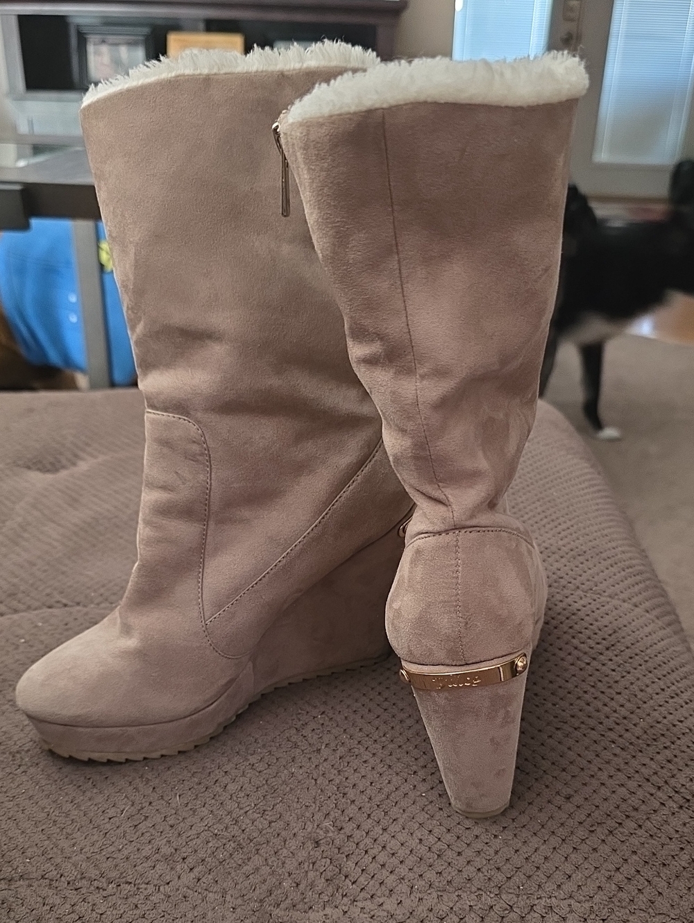 Juicy Couture Taupe Wedge Boots with White Faux-Fur Trim